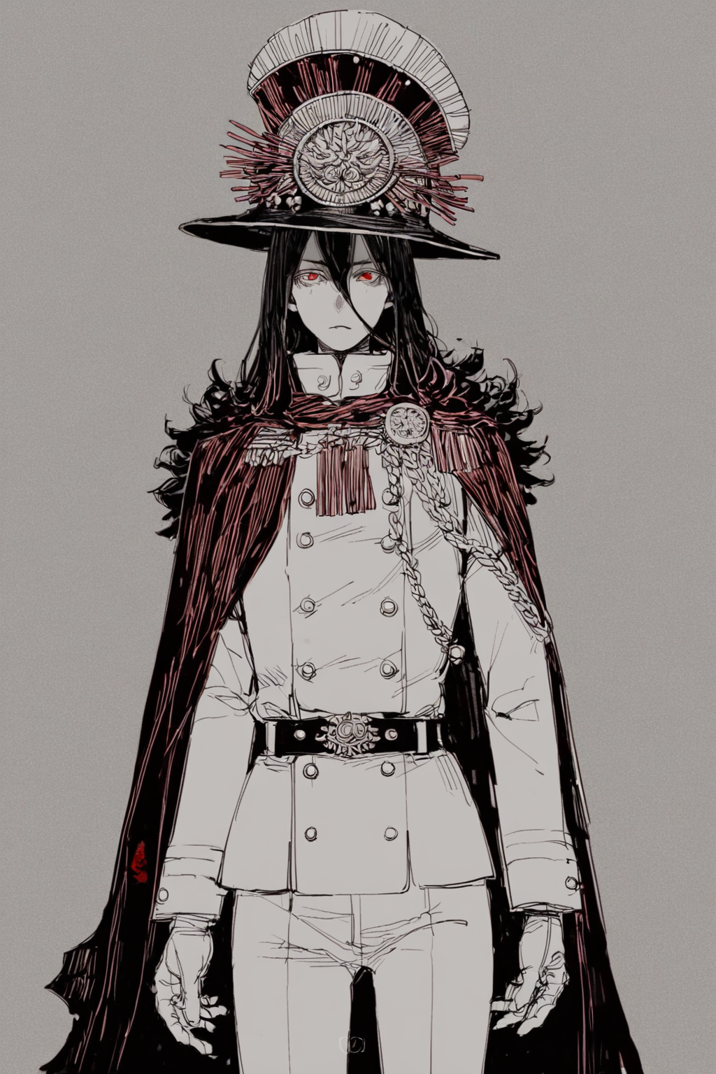 score_9, score_8_up, score_7_up, oda nobunaga \(fate\), black hair, cape, crest, family crest, gloves, hair between eyes, hat, long hair, medallion, military hat, oda uri, red cape, red eyes, shako cap, solo, solo focus, cowboy shot, , , Standing with hands behind the back, <lora:godiva_bw:1>, (monochrome:1.5), (greyscale:1.5)