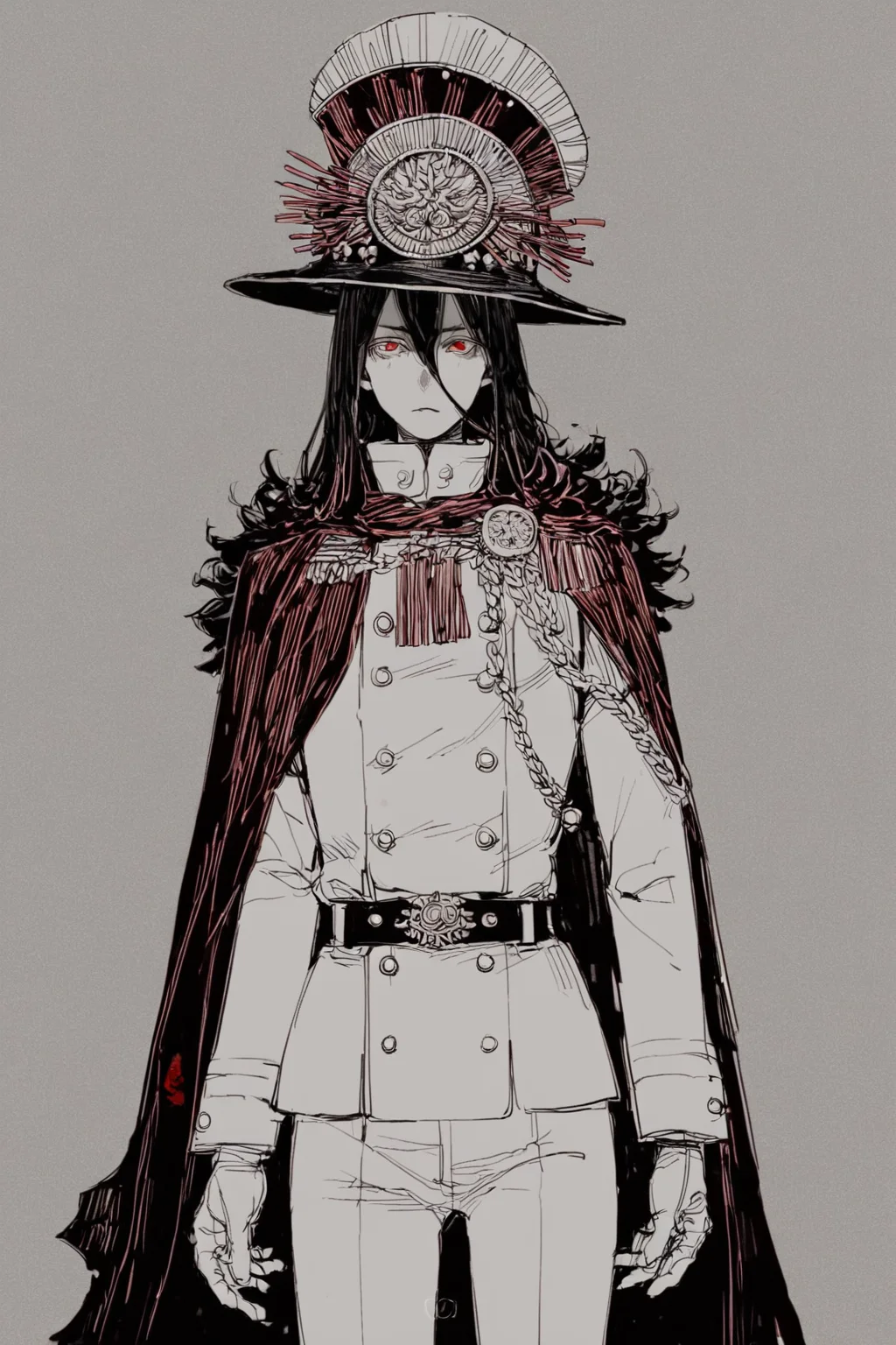 score_9, score_8_up, score_7_up, oda nobunaga \(fate\), black hair, cape, crest, family crest, gloves, hair between eyes, hat, long hair, medallion, military hat, oda uri, red cape, red eyes, shako cap, solo, solo focus, cowboy shot, , , Standing with hands behind the back, <lora:godiva_bw:1>, (monochrome:1.5), (greyscale:1.5)