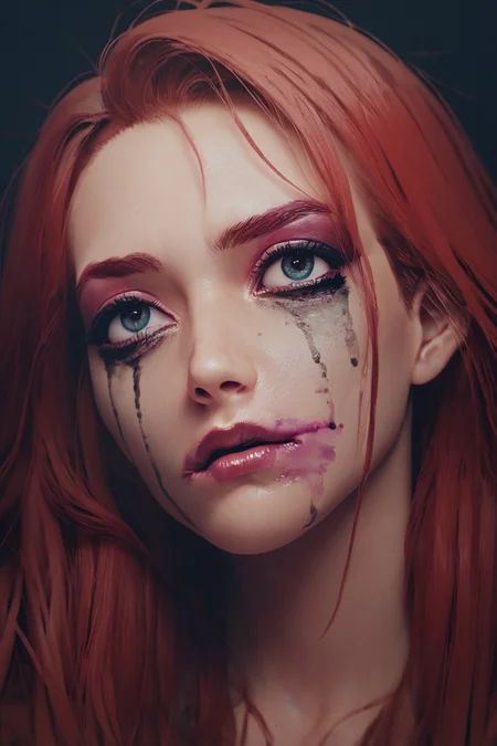 score_9, score_8_up, score_7_up, cartoon,
smearedmakeup, woman, pink makeup, dark background, dramatic light, hard shadows, red hair, long hair,
masterpiece, best quality,
<lora:Smeared-Makeup-PDXL-000005:0.8>