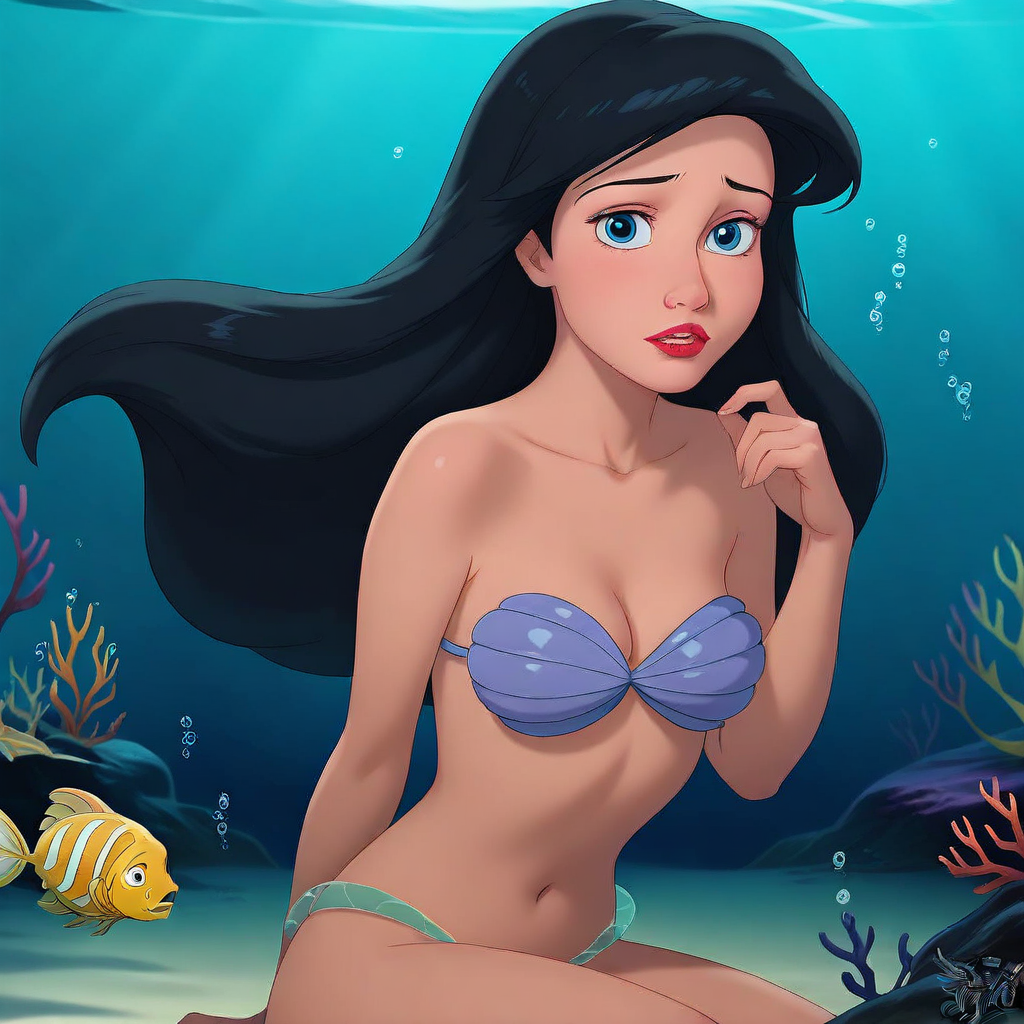 bare shoulders, air bubble, breasts, seaweed, looking at viewer, underwater, hand up, sitting, shell bikini, medium breasts, bikini, bubble, blue eyes, watermark, shell, collarbone, cleavage, nosebleed, red lips, sunlight, parted lips, signature, floating hair, fish, lips, bikini top only, arm behind back, looking to the side, 1girl, long hair, swimsuit