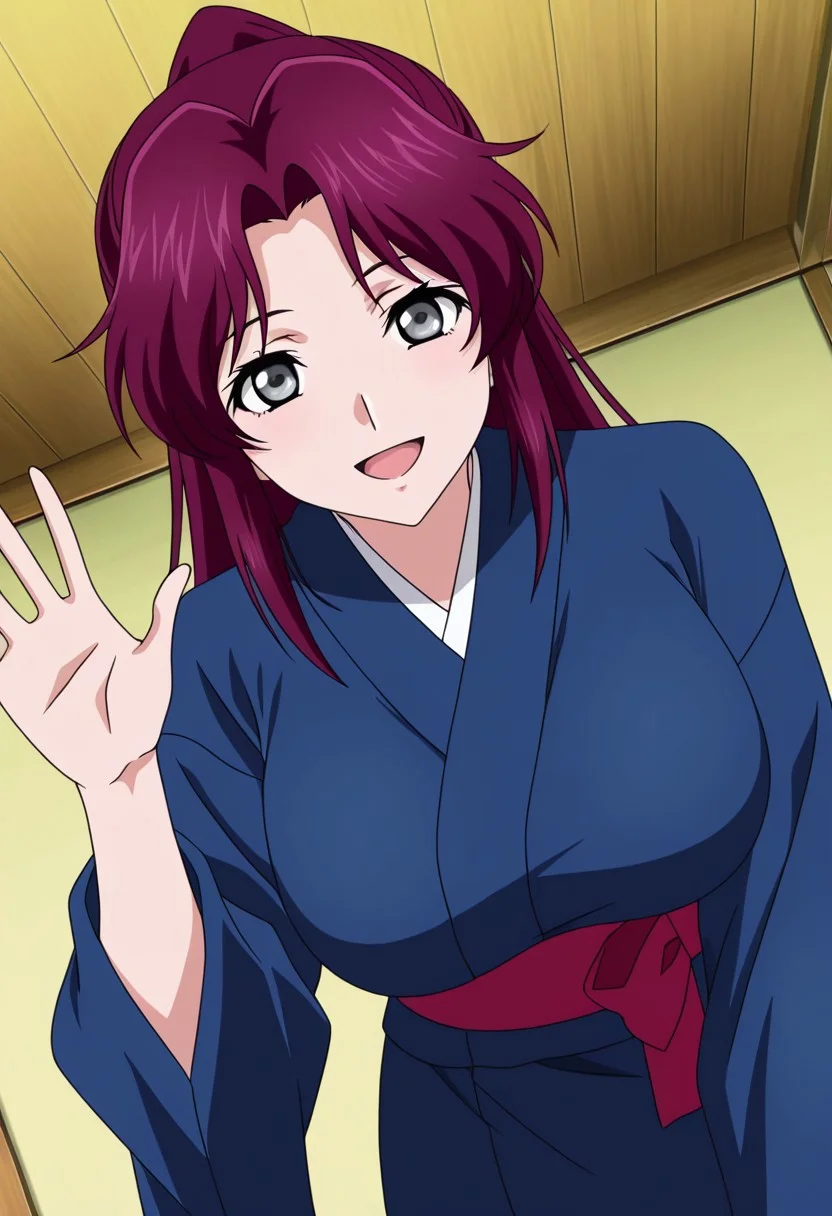 general,highres, ultra-detailed,very aesthetic,best quality ,best hands,best eyes,easynegative,
dynamic anglre, dutch angle, anime cloring,anime screencap,
1girl solo,looking at viewer,washitsu,smile,open mouth,waving hand,
Flay Allster,purple hair,long hair,ponytail,grey eyes,huge breasts,,japanese clothes,kimono,