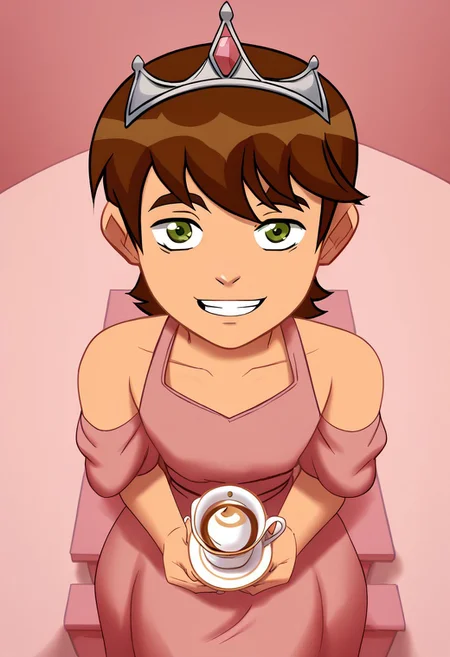 deadinsidestyle, (chb), from slight above angle, sitting at table, tea cup, tea pot, pink theme, pink dress, tiara, ((Solo)), Looking at viewer, Smiling,
