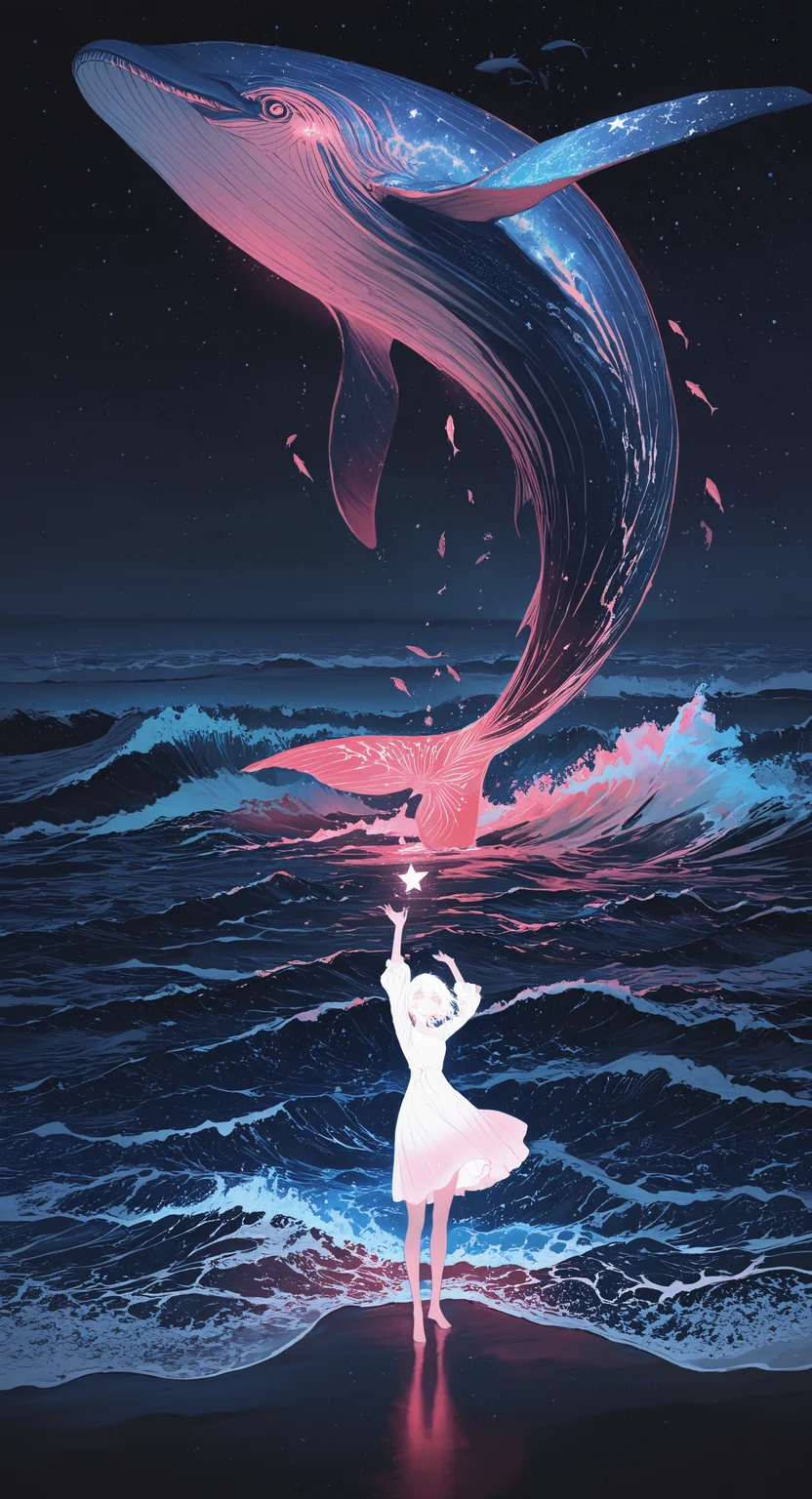 masterpiece, best quality, good quality, very awa, newest, highres, absurdres, 1girl, solo, dress, standing, white hair, sky, barefoot, white dress, water, arm up, arms up, night, ocean, animal, star \(sky\), night sky, scenery, starry sky, fish, wide shot, waves, oversized animal, whale, flying fish, limited palette, sketch, glowing, psychedelic, <lora:illustriousXL_stabilizer_v1.23:0.3> <lora:NOOB_vp1_detailer_by_volnovik_v1:0.3> <lora:ponyv6_noobE11_2_adamW-000017:0.3> <lora:114558v4df2fsdf5:1> <lora:mon_monmon2133:0.6>