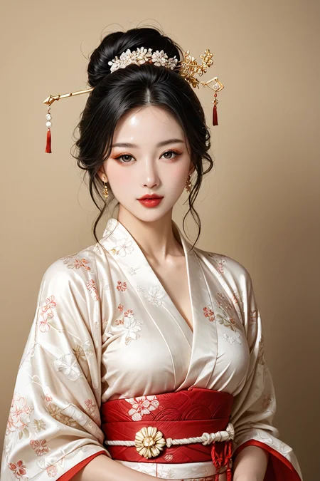 Beautiful colored portrait of a traditional Japanese geisha with a smooth, porcelain-white face, accentuated by delicate red and black makeup around the eyes and small, red lips in a precise, stylized shape. She wears an elaborate Shimada hairstyle, with her black hair elegantly pulled back into a high bun, adorned with ornate Kanzashi hairpins and combs made of tortoiseshell and silk. Her attire is a vibrant, intricately patterned silk kimono, featuring rich colors like deep red, gold, and black, with a wide obi belt tied in an elaborate knot at the back. The kimono sleeves are long and flowing, especially if she is a younger geisha, or 'NINI.' She is wearing traditional white tabi socks and raised wooden geta sandals. The overall appearance is refined, with every detail carefully chosen to reflect the grace and beauty of a traditional geisha. vivid colors, high contrast, dynamic, masterpiece, high quality, highly detailed, highly intricate, colored background, flowers, summer dress <lora:add-detail-xl:0.5>, <lora:Expressive_H-000001:1.2>, <lora:IzayoiLycoXL:0.3>, embedding:pureerosface_v1, A stunning real medium breasts Korean woman with long flowing dark hair, her piercing gaze directly addressing the viewer. score_9, score_8_up, score_7_up, (ultra HD quality details), High Fashion,