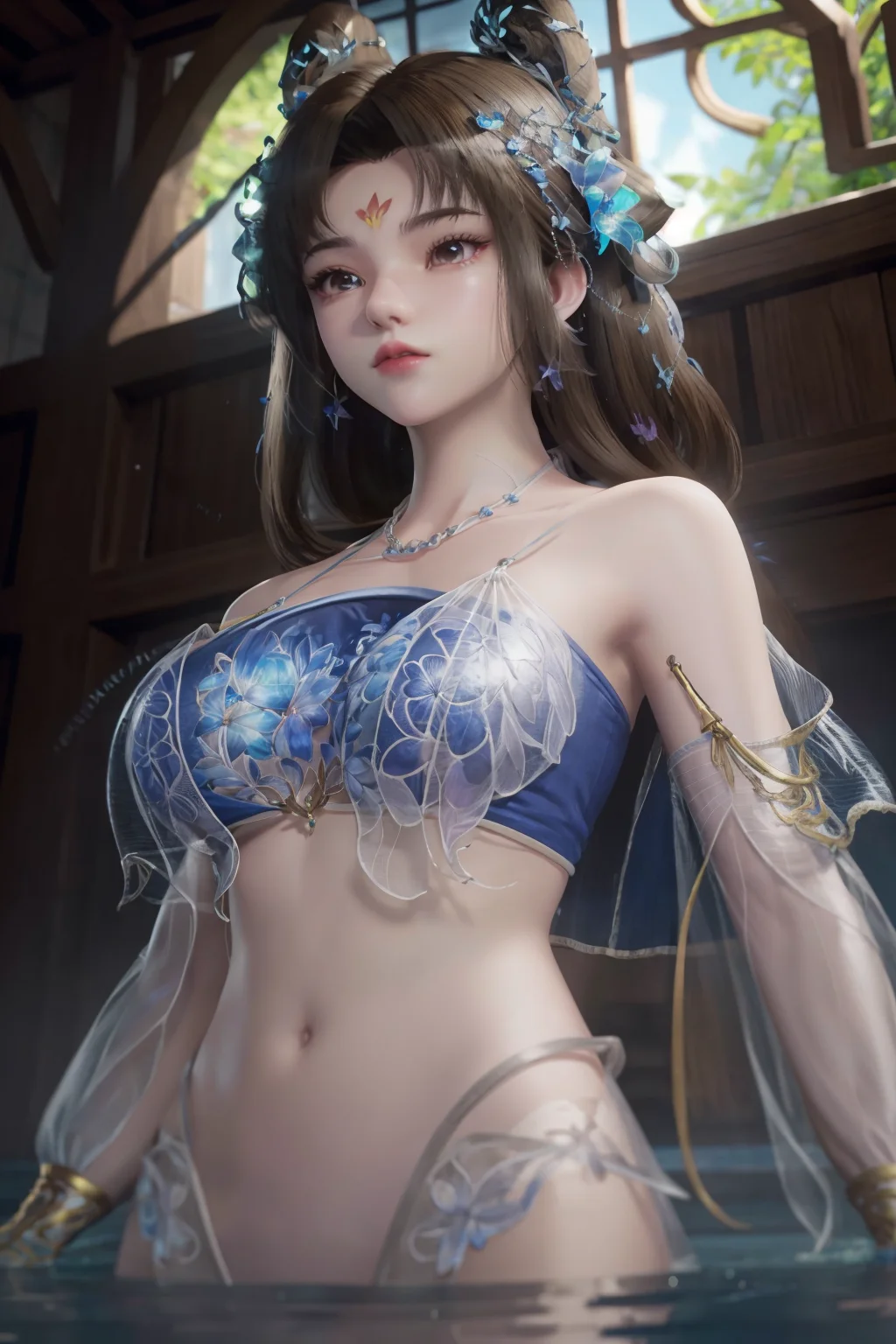 breathtaking <lora:ChengLing>,halter top,sexy,1girl,jewelry,forehead mark,solo,long hair,hair ornament,camisole,transparent,embroidered camisole,glowing,alpha transparency,see-through,from below,sparkle,earrings,upper body,necklace,brown hair,pearl,flower,onsen,partially immersed,wardrobe malfunction,(sleeveless:1.2), . award-winning, professional, highly detailed, best quality , masterpiece, illustration, an extremely delicate and beautiful, extremely detailed ,CG,unity,8k wallpaper, Amazing, finely detail, masterpiece, best quality,official art,extremely detailed CG unity 8k wallpaper,absurdres, incredibly absurdres, huge filesize , ultra-detailed, highres, extremely detailed,beautiful detailed girl, extremely detailed eyes and face, beautiful detailed eyes,light on face,