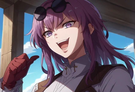 score_9, score_8_up, score_7_up, source_anime,
BREAK
<lora:shiDioV2:1.0>, konodiopose, pointing, parody, meme,
smile, open mouth, style parody, shaded face, v-shaped eyebrows,
1girl, solo, cowboy shot,
<lora:kafuka-pony-Tanger:0.6> kafuka, eyewear on head, gloves, sunglasses, white shirt, purple hair, long hair, long sleeves, purple eyes, jacket,