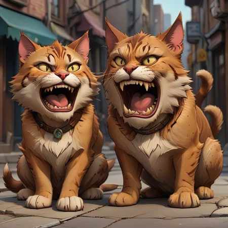 outline, lmnoutln, smiling cat looking at angry dog, street, masterpiece, best quality, outline style, fine lines, thin lines, detailed, no humans
