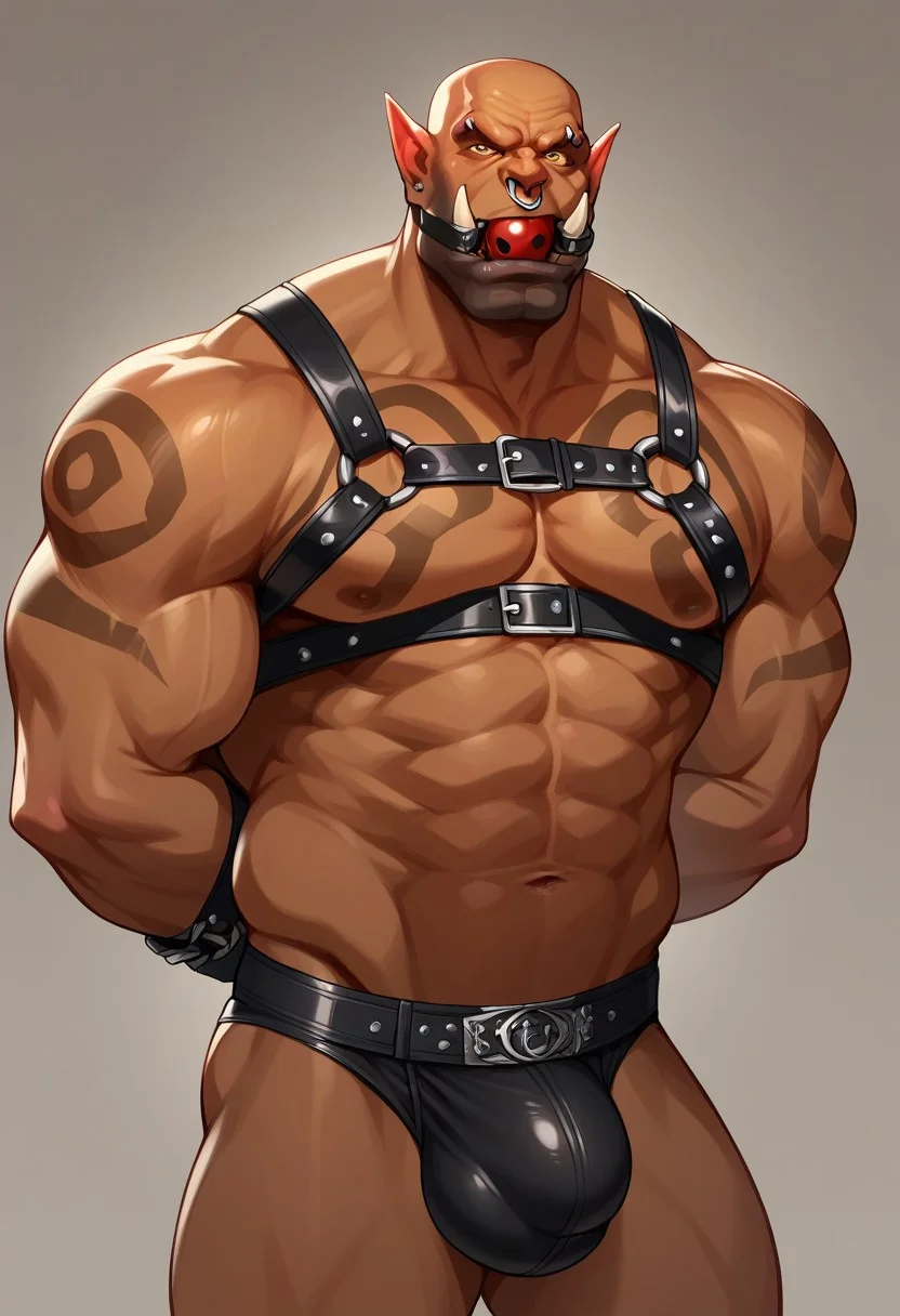 score_9, score_8_up, score_7_up, 8k best quality, detailed, detailed eyes ,muscular, mature male, close up, portrait, large bulge, g@rrosh_hellscream, orc, brown skin, nose piercing, tattooed body, body strap, black strap, harness), black speedo, speedo bulge, arms tied behind back, annoyed, ball gag