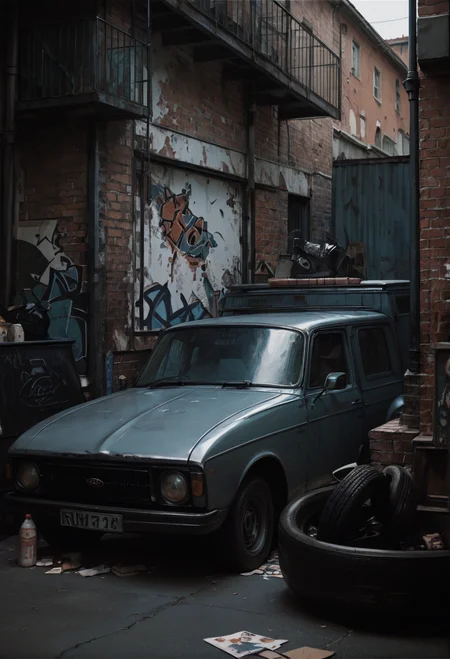 ,ruanyi0851,ground vehicle,brick wall,no humans,<lora:0851 abandoned vehicles V2_v1_pony:1>, score_9,score_8_up,score_7_up,,8k,1girl,solo,,