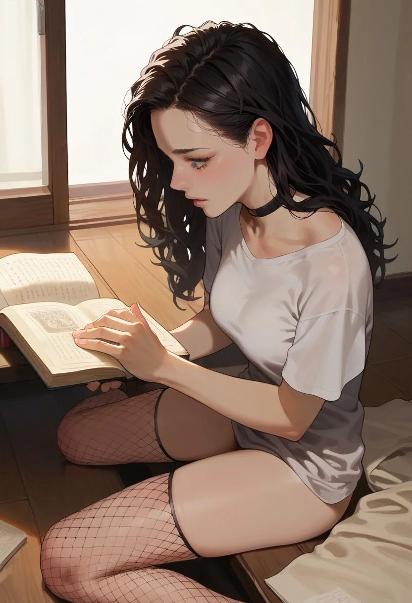score_9, score_8_up, score_7_up,((masterpiece)), sharp focus, 1girl,solo, 18 y.o., black hair, curly hair, long hair, gray eyes, hd quality, high quality, detailing face, detailing body, in the large living ruoom, sunset light in window, deatiled apartament, sitting on the floor, black choker, gray t-shirt, long t-shirt, oversized t-shirt, fishnet stockings, in the lotus position, book on the floor, side view, holding book, looing in book, magic in air, from above