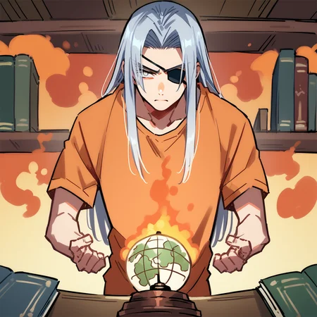 shin natsume, tenjo tenge, ah1, 1boy, long hair, gray hair, parted bangs, score_9, score_8_up, score_7_up, score_6_up, source_anime, orange t-shirt,<lora:Shin_Natsume_from_Tenjo_Tenge:0.8>, (cool, confident stance), (burning Library, Books consumed by fire on wooden shelves, leather armchairs singed, mahogany desk scorched, globe with continents ablaze, and the smell of ancient parchment turning to ash), grey eyes, serious, eyepatch,
