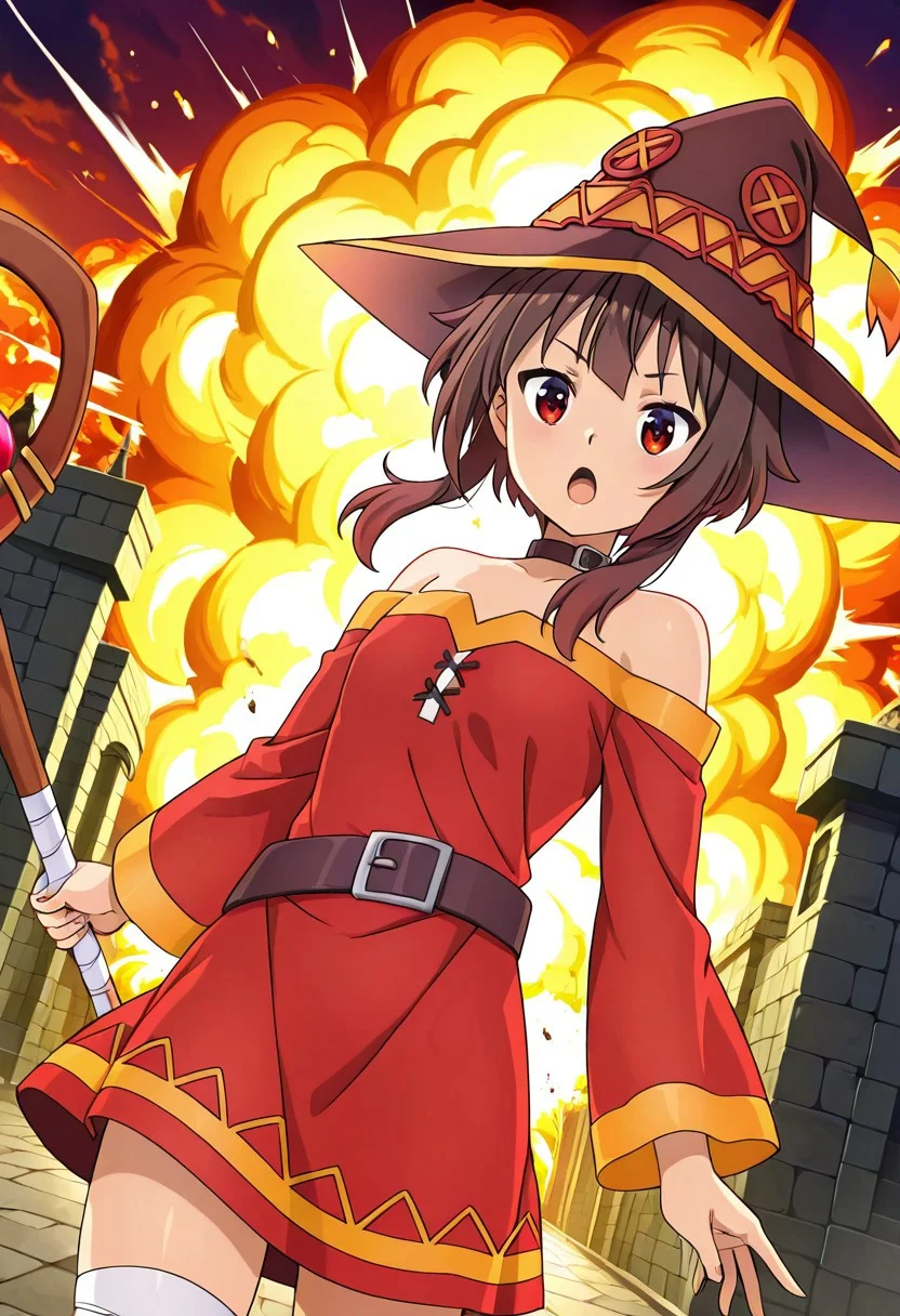 general,highres, ultra-detailed,very aesthetic,best quality ,best hands,best eyes,easynegative,
dynamic anglre, dutch angle, anime cloring,
1girl solo,looking at viewer,open mouth, holding staff, explosion,
Megumin, brown_hair, red eyes, small breasts,witch hat,bare shoulders dress,