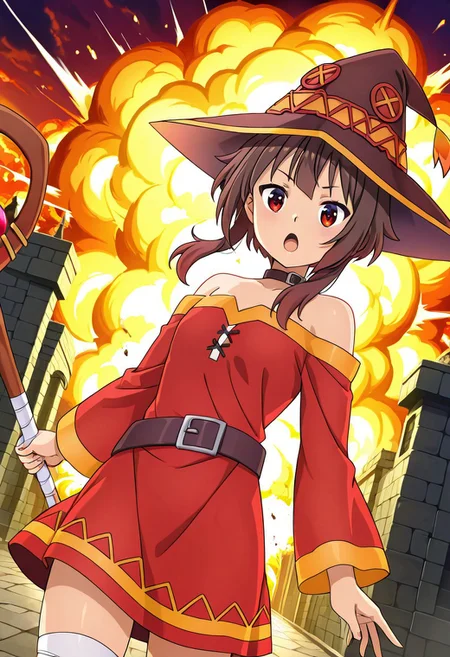 general,highres, ultra-detailed,very aesthetic,best quality ,best hands,best eyes,easynegative,
dynamic anglre, dutch angle, anime cloring,
1girl solo,looking at viewer,open mouth, holding staff, explosion,
Megumin, brown_hair, red eyes, small breasts,witch hat,bare shoulders dress,