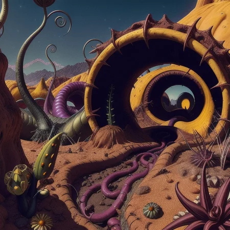 (((realistic))), ((DSLR photo)), ((well lit)), ((yellow rock)), <lora:CosmicLandscapes:0.7>, (((retro))), CosmicLandscapes, (desert landscape), ((thin atmosphere)), ((day light)), a photo of a ((giant worm), ((alien plants)), ((toxic)), ((alien creatures)), ruins, lake, ((worms)),  <lora:theovercomer8sContrastFix_sd15:0.5>,