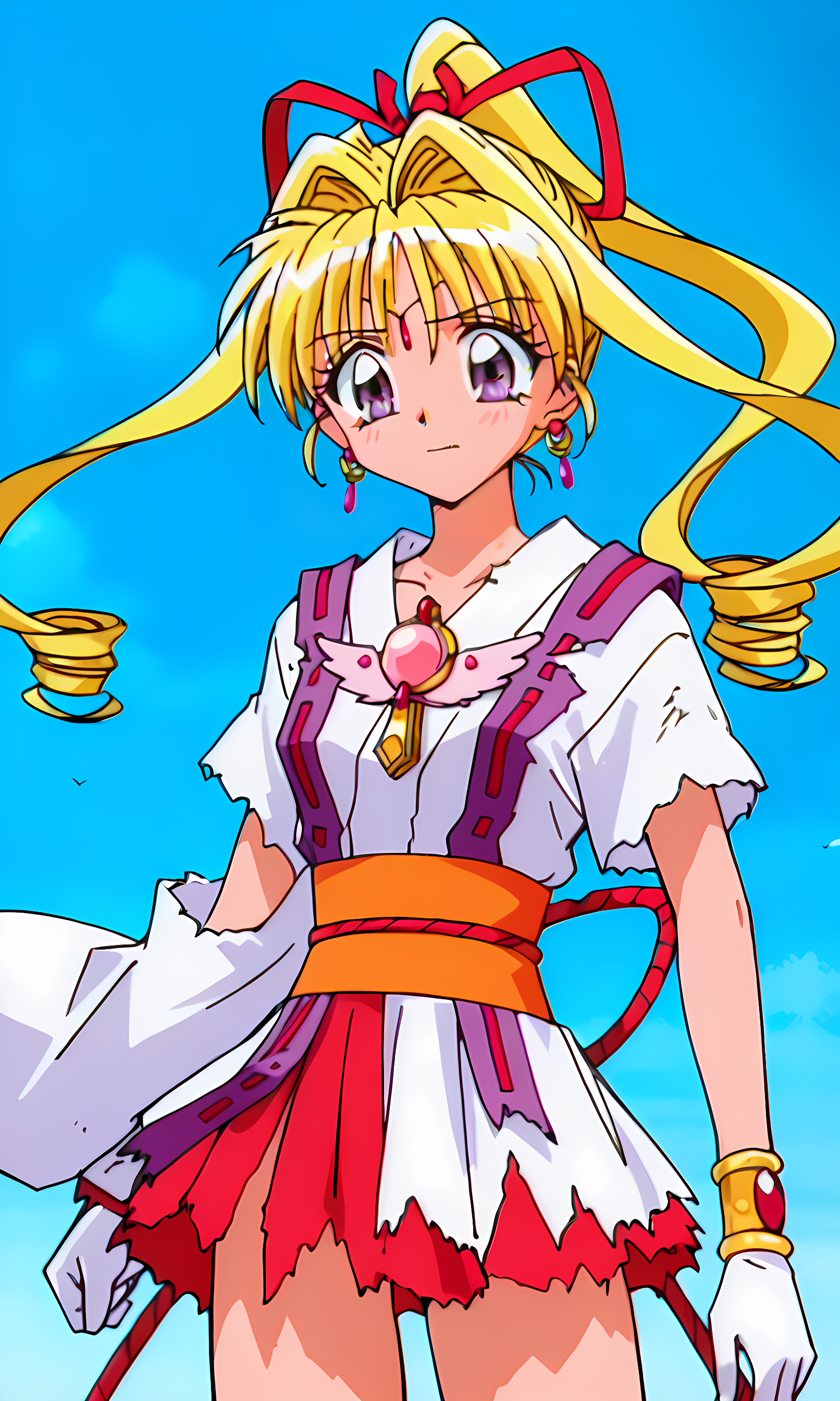 8k, best quality, solo, cute, score_9, score_8_up, score_7_up, 90s anime, Masterpiece, source_anime, KKJ, (Artist A Style:1.3), forehead jewelry, purple eyes, blonde hair, hair intakes with drill long sidelocks, very long hair, one high drill ponytail at the back, red hair ribbon, earrings, torn white kimono, torn white layered kimono miniskirt with red under layer, 2 torn purple straps on torn layered kimono miniskirt, 2 torn purple straps, pink gem on chest, torn white wide sleeve on the right arm, torn white short sleeve on the left arm, left sleeve completely torn, gold bracelet, white gloves, orange obi, red obijime cord, bow-shaped knot on waist with tassels, bare legs, cowboy shot,