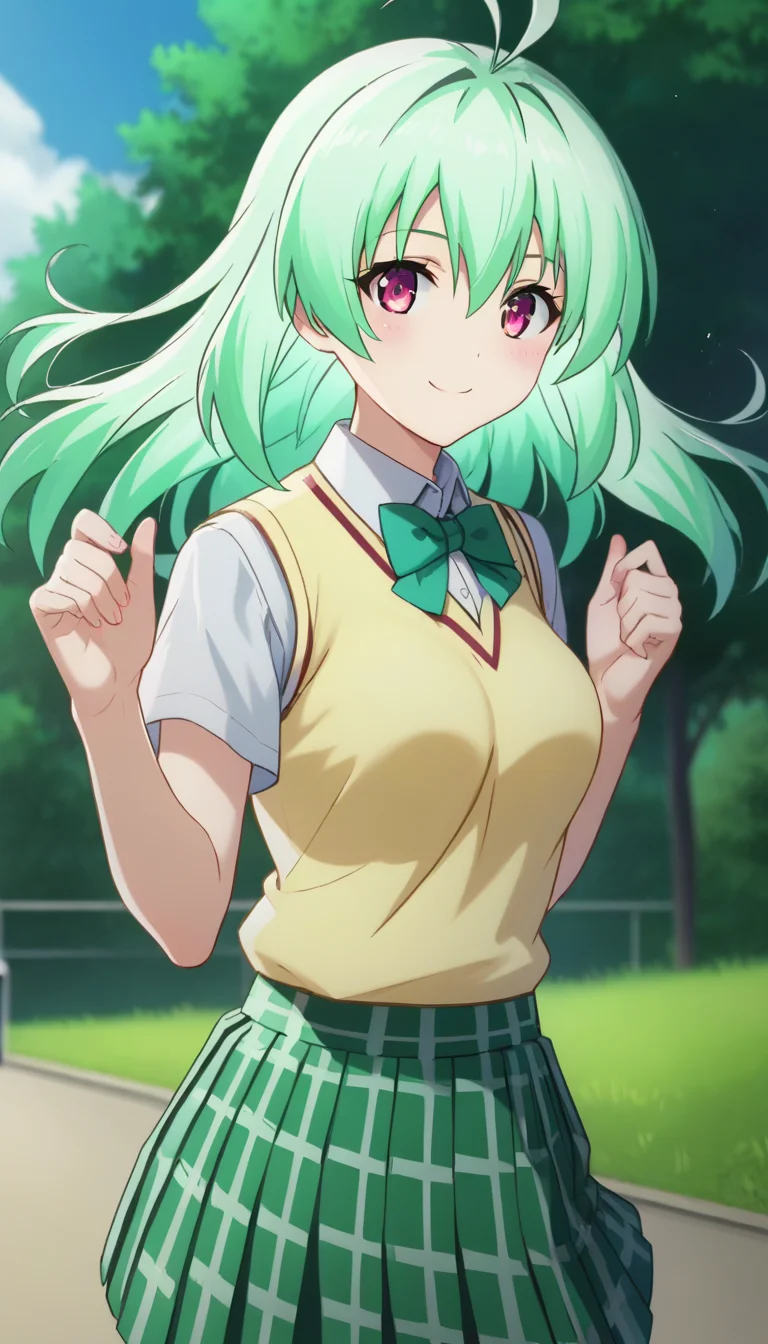 score_9,score_8_up,score_7_up,score_6_up BREAK official art,solo,outdoors,cowboy shot,looking at viewer,facing viewer,smile,blush,Run Elsie Jewelria,ahoge,long hair,green hair,floating hair,hair between eyes,bangs,pink eyes,school uniform,sweater vest,yellow vest,white shirt,collared shirt,green bowtie,short sleeves,medium breasts,miniskirt,green skirt,plaid skirt,pleated skirt,black socks,loafers,<lora:Run Elsie Jewelria(tlr)-Pony:1.6>,