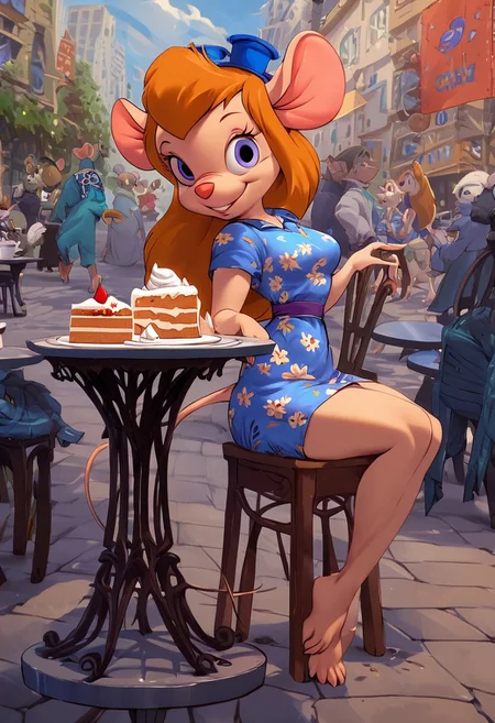 kftenhance, score_9, score_8_up, score_7_up, score_6_up, score_5_up, score_4_up
Day, city street, city background, Cafe, crowded, day
1gir, anthro mouse, gadget, medium perky breasts, short blue summer dress, flower print, makeup, smile, 3/4side view, sitting on chair at the table, cake and Coffee on the table, looking at view, barefoot