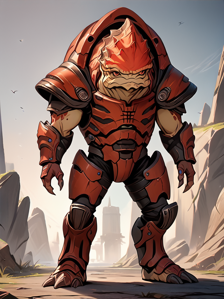 score_7_up, score_8_up, score_9, masterpiece, perfect face, high quality, source_anime, (1boy, solo,) <lora:Krogan_-_Mass_Effect:1>krogan, armor, alien, red eyes, full body,