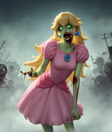 Zombie girl, fog, realistic, dark lighting, rage, decayed, gore, rotting, green skin, princess peach, pink dress, blonde hair, bloody face, missing face, glowing green eyes, <lora:Zombie_Gals_1.1:0.3>