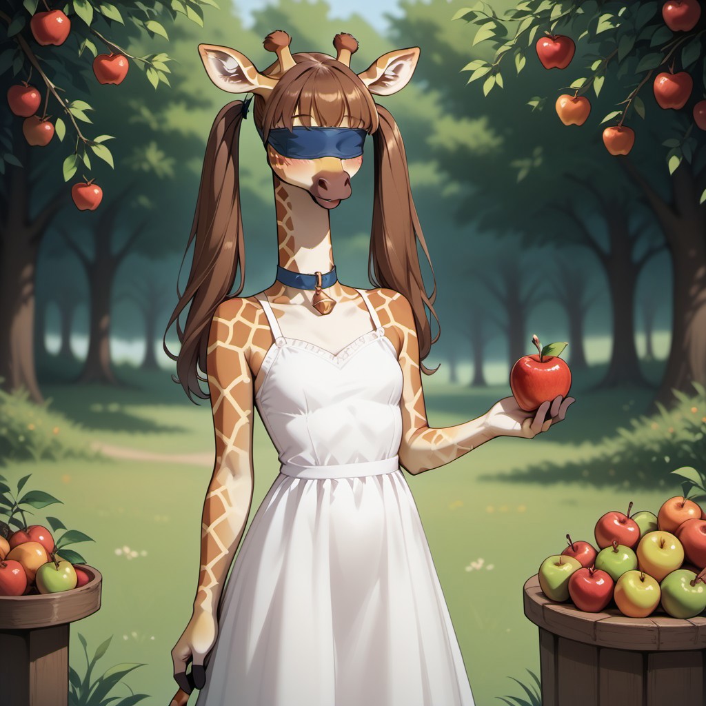 Tarot Card Style, score_9, score_8_up, score_8_up, M4dd13G1r4ff3, a picture of an anthro giraffe, standing, holding fruit, apple, twintails, blindfold, white dress,