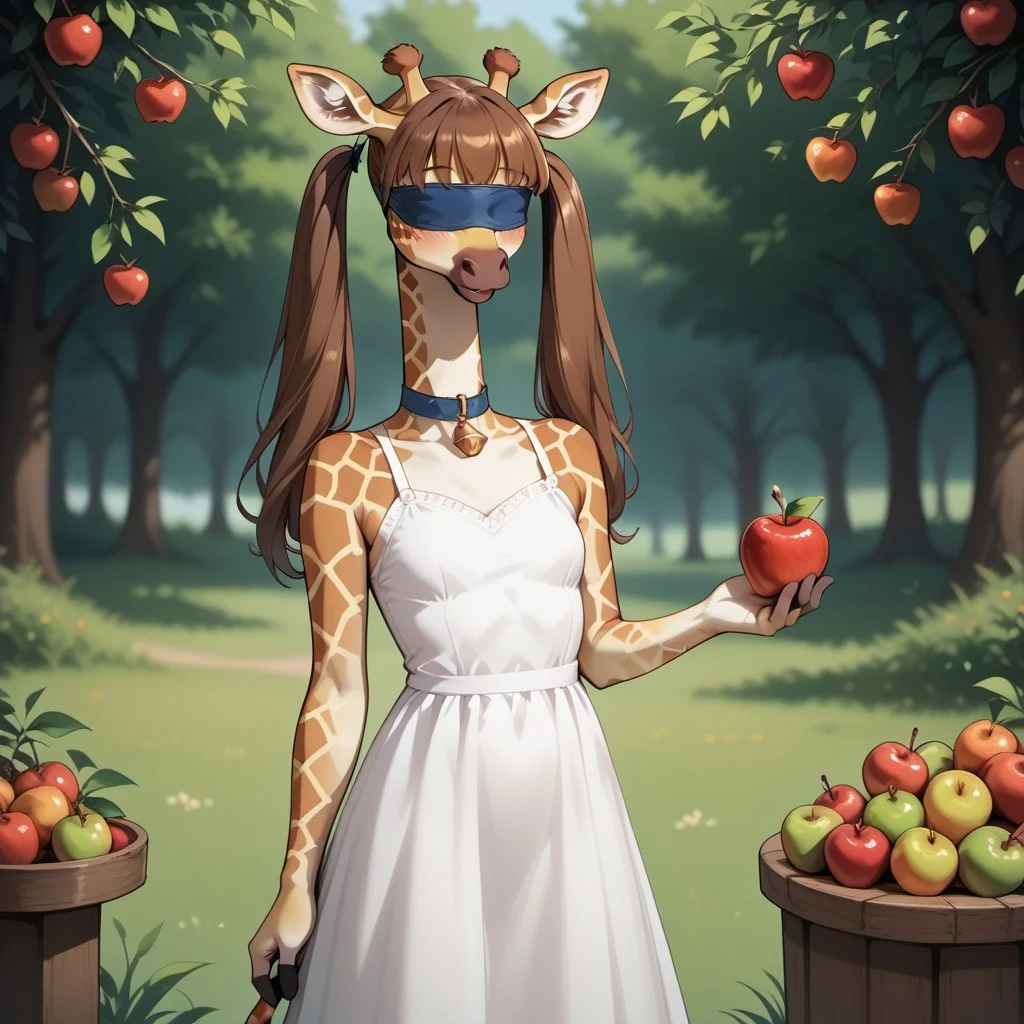 Tarot Card Style, score_9, score_8_up, score_8_up, M4dd13G1r4ff3, a picture of an anthro giraffe, standing, holding fruit, apple, twintails, blindfold, white dress,