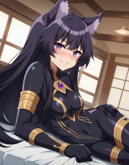 score_9, score_8_up, score_7_up, source_anime,
shadowdelta, <lora:shadow-delta-ponyxl-lora-nochekaiser:1>,
delta, long hair, black hair, animal ears, purple eyes, cat ears, animal ear fluff, facial mark, smile,
bodysuit, black bodysuit,
indoors, bed, bed room, on side, blush, drunk,
looking at viewer, cowboy shot, dutch angle,