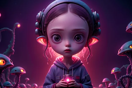 cute little Japanese (alien:1.1) anime, l, detailed scene, perfect face, intricately detailed photorealism, trending on artstation, neon lights, misty night, stunning full body anime art by (Mark Ryden:1.1) <lora:Nicoletta_Ceccoli_2:0.4> Nicoletta Ceccoli <lora:another-bored-monsters:0.45> fx-monsters <lora:AnotherBoredDetailXL:0.7>, subsurface scattering, ultra hd, 4k, high def, Photorealistic, Hyperrealistic, Hyper detailed, analog style, realistic, masterpiece, best quality, ultra realistic, 8k, Intricate, High Detail, film photography, soft lighting, heavy shadow