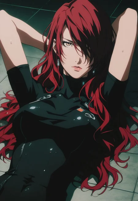 masterpiece,best quality, highly detailed, score_9, score_8_up, score_7_up, score_6_up, source_cartoon, p3mitsuru, kirijou mitsuru, long hair, red hair, hair over one eye, mid-20s,
 BREAK
 BREAK
1girl, close-up, chrome floor, space station, reflective floor, dim lighting, large breasts, wet skin, flushed cheeks, messy hair, sweaty, sensual expression, biting lip, detailed textures, glossy liquid, raw emotion, explicit focus, eye contact, erotic tension, intimate atmosphere, laying on floor, on back,, hair in face, looking at viewer, bodysuit, black bodysuit, arms behind head, upset, close-up, skin-tight, 
 BREAK
dynamic light, cold_light, vibrant colors cold_colors, soft focus, high contrast, textured surfaces, depth of field, rgb lighting, dramatic shadows, rich details, blue color palette, playful composition.
,dynamic angle,dynamic light,background,