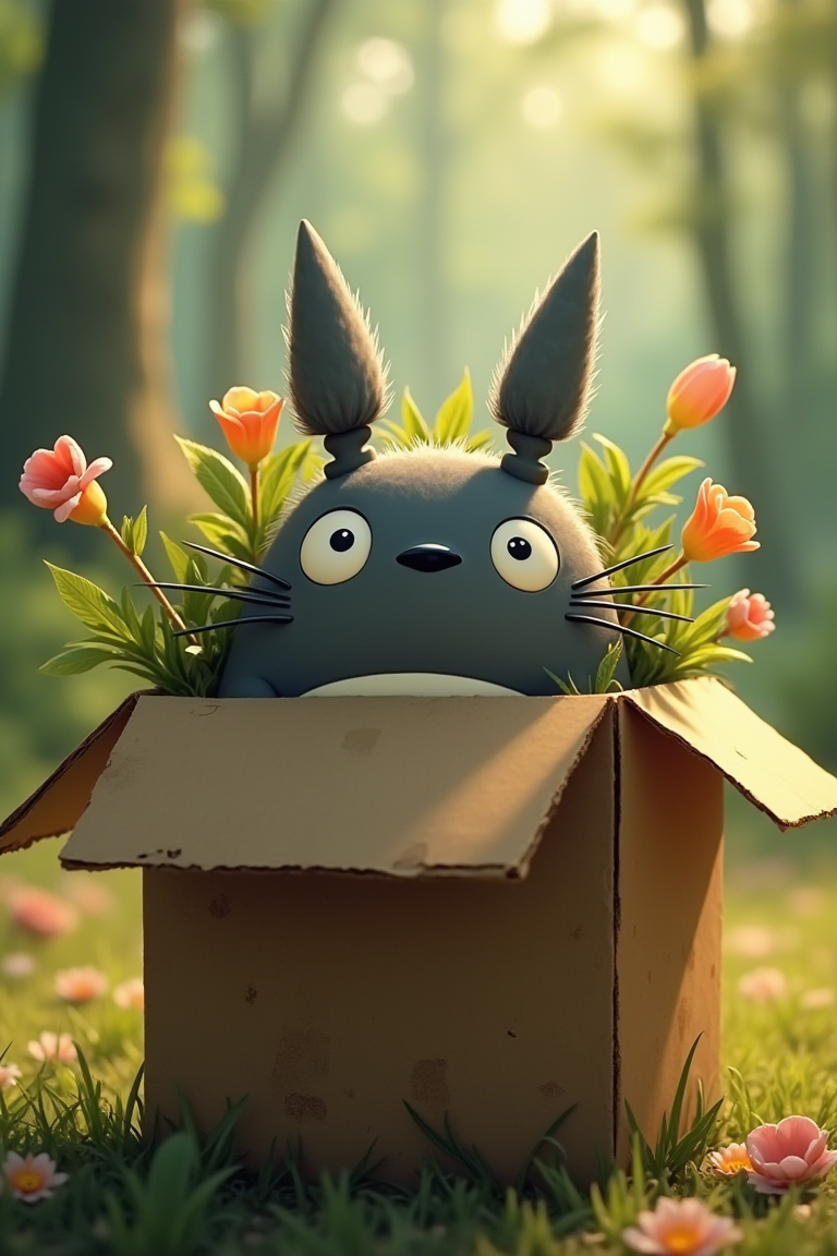 A whimsical scene of Totoro's curious face peeking out from a worn cardboard box. The box's flaps are slightly ajar, revealing the forest spirit's endearing expression. Soft light filters through the cardboard, casting a warm glow on Totoro's gentle features. In the background, a blurred forest landscape is visible, with trees and flowers seemingly bursting forth from the box itself.