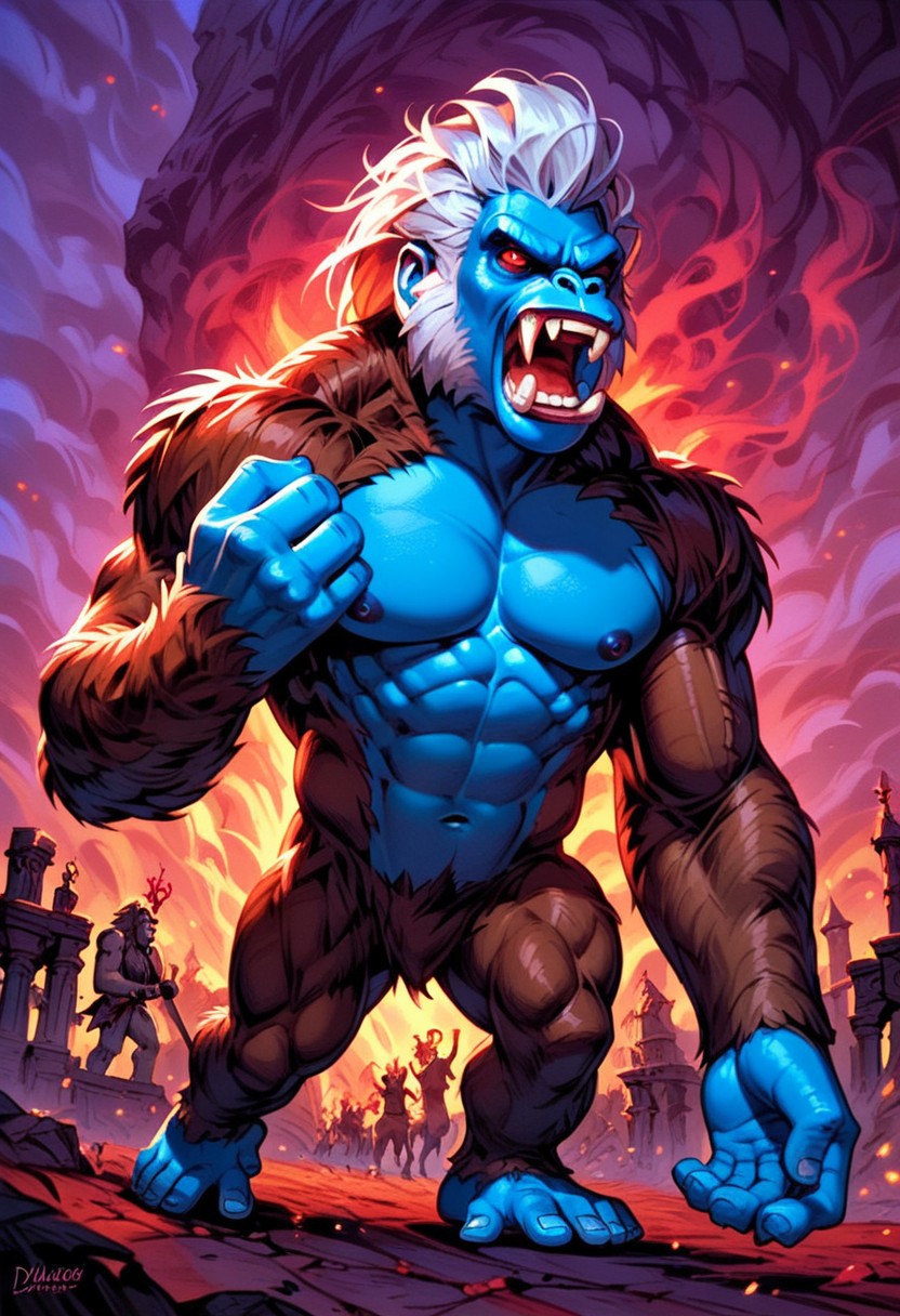 DonMC0m1cM4g1cXL, (dark, fantasy, magical, eerie) score_9, score_8_up, score_7_up, score_6_up, Blizzard_Primal, chimpanzee, monkey, monster, blue skin, white fur, brown fur, multilocored fur, red eyes, fangs, BREAK, background, plain, purple sky