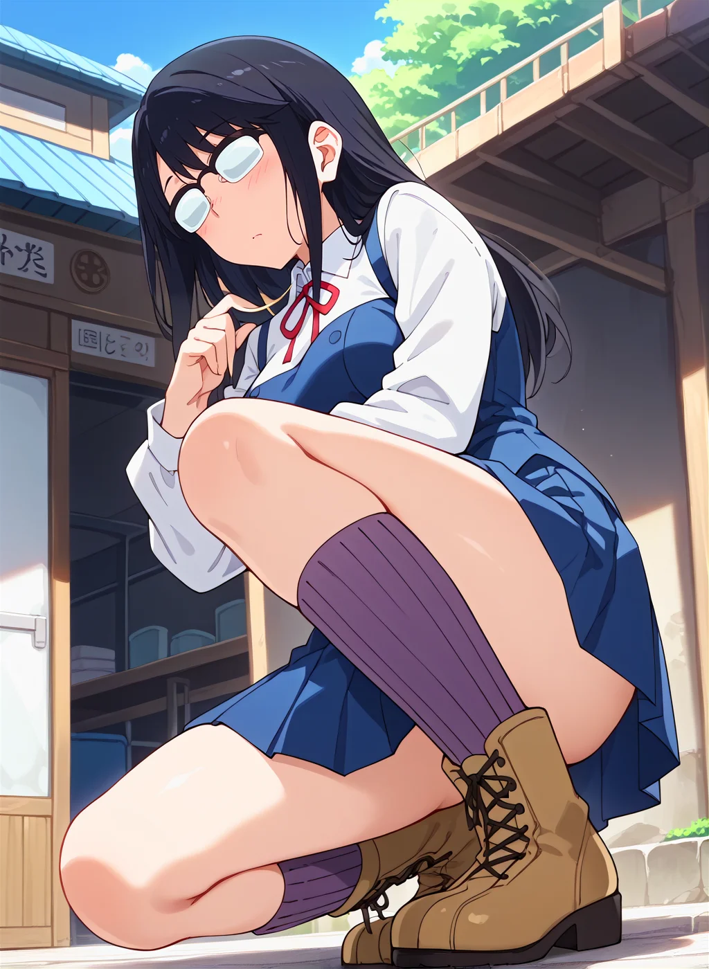 score_9,score_8_up,score_7_up,source_anime,anime,nsfw,rating_explicit,uncensored,High quality,Ultra detailed,best quality,insanely detailed,beautiful,masterpiece,perfect lighting BREAK
<lora:ono_makoto_V1:1>,(ono_makoto, black hair, long hair,medium breasts, opaque glasses,intermediate uniform,neck ribbon,white shirt,collared shirt,long sleeves, blue vest,blue skirt, pleated skirt, socks,boots),1girl,solo,blush,looking_back,outdoors,embankment,sea,looking_at_viewer,from_below,