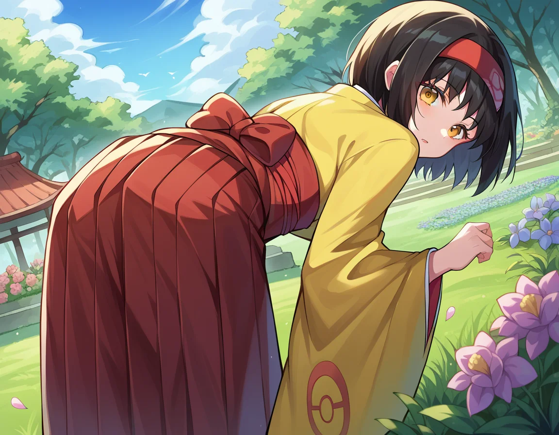 score_9, score_8_up, score_7_up, source_anime,
pokemonerika, <lora:pokemon-erika-ponyxl-lora-nochekaiser:1>
pokemonerika, yellow eyes, black hair, headband, short hair,
japanese clothes, kimono, hakama, red hakama, long sleeves, wide sleeves,
outdoors, garden, flowers, grass, bent over,
looking at viewer, cowboy shot, dutch angle,