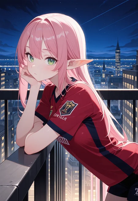 masterpiece, best quality, amazing quality,,<lora:afkArenaIllustrious:1>
afkarenastyle,
1girl, female elf, solo, portrait, female focus, pink hair, green eyes, slim, long hair, hair swept to one side, light skin, melancholy expression, leaning on railing, leaning forward, looking at viewer, balcony, beautiful, soccer jersey, outdoors, cityscape, night