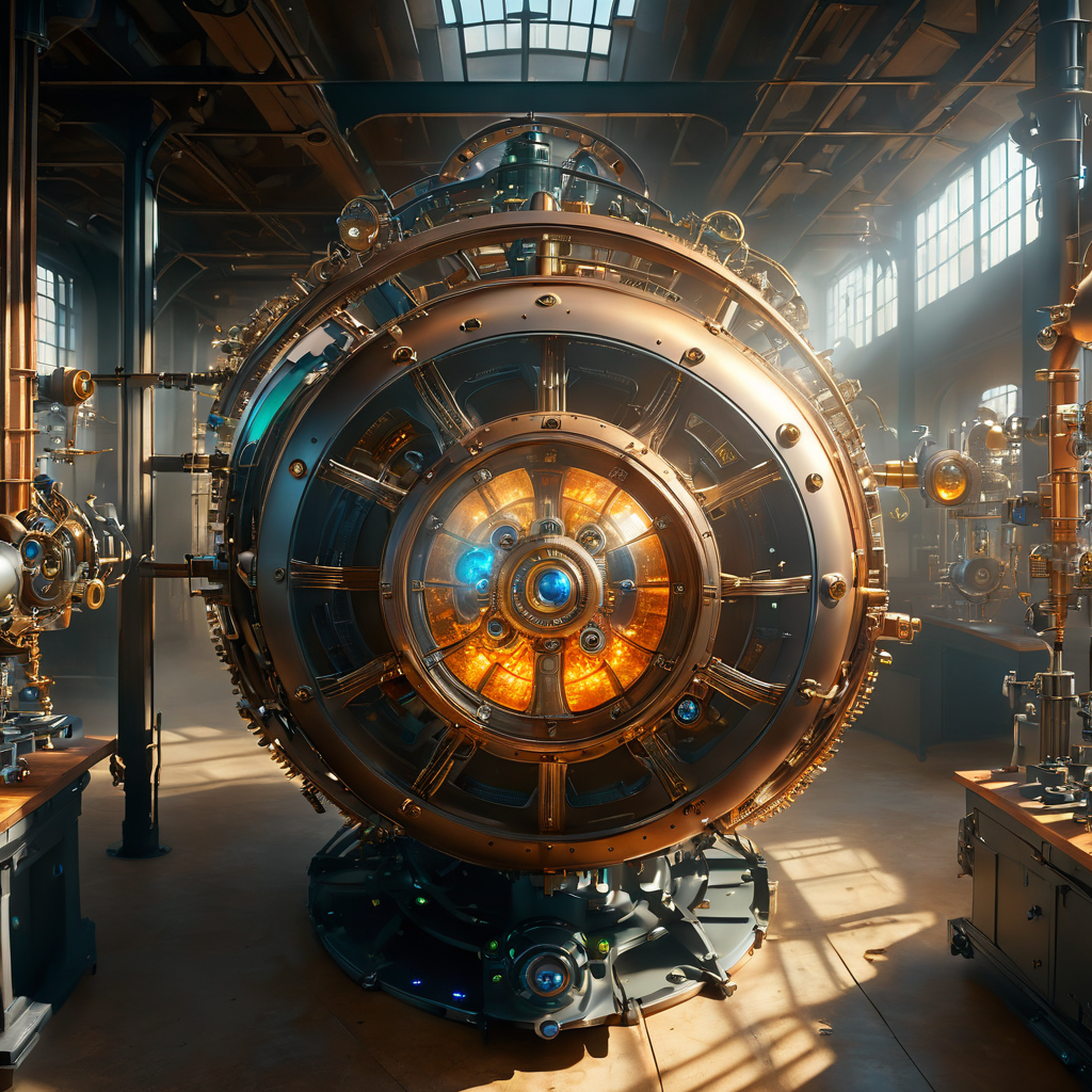bird's eye view, ((((large laboratory)))) in a dusty warehouse, photorealistic photo of a glowing steampunk machine that shows the planets in our solar system, (((((No people))))), Octane Render, large fusion mechanical device with complex gears and ((glowing gems)), ultra detail, 8k, portal, spark, timewarp, gravitational lens, the universe,  <lora:SDXLHighDetail:1> <lora:wowifierXL:1>