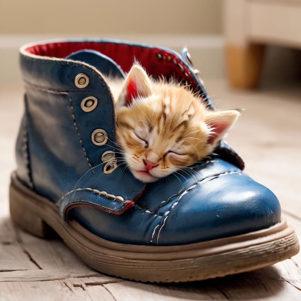 kitten sleeping in a shoe, masterpiece, 8k, high resolution, shallow depth of field, sharp focus