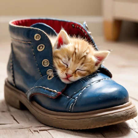 kitten sleeping in a shoe, masterpiece, 8k, high resolution, shallow depth of field, sharp focus