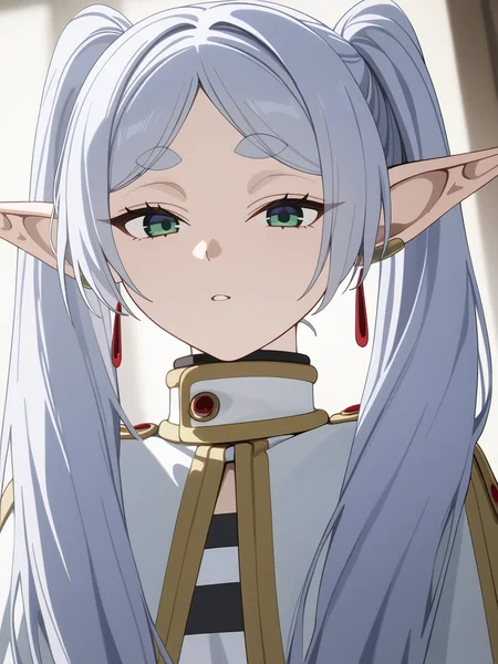 best quality,masterpiece,highres,absurdres,1girl,solo,newest,rating: general, <lora:Frieren_XL-step00001000:0.6> ,(frieren, pointy ears, elf, earrings, twintails, parted bangs, grey hair, thick eyebrows)