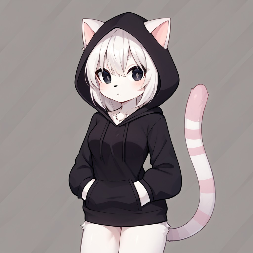 score_9, score_8_up, score_7_up, satured, furry, source_furry, detailed, full color, Naomi, large eyes, cat ears, animal ears, fur with light stripes, cat tail, tail, 1tail, animal tail, black eyes, black hoodie with cat ears on the hood, hands in pocket, white fur, standing, upper body, focus on body,