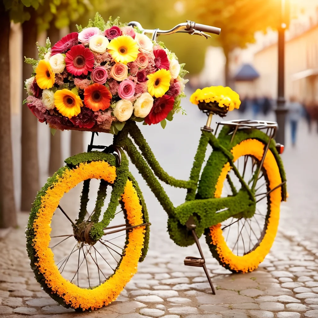 pamflwr, a retro bicycle made of flowers, standing on the street in france, warm light, romantic scene,realistic,highly detailed,lifelike,studio photo,highly detailed,masterpiece