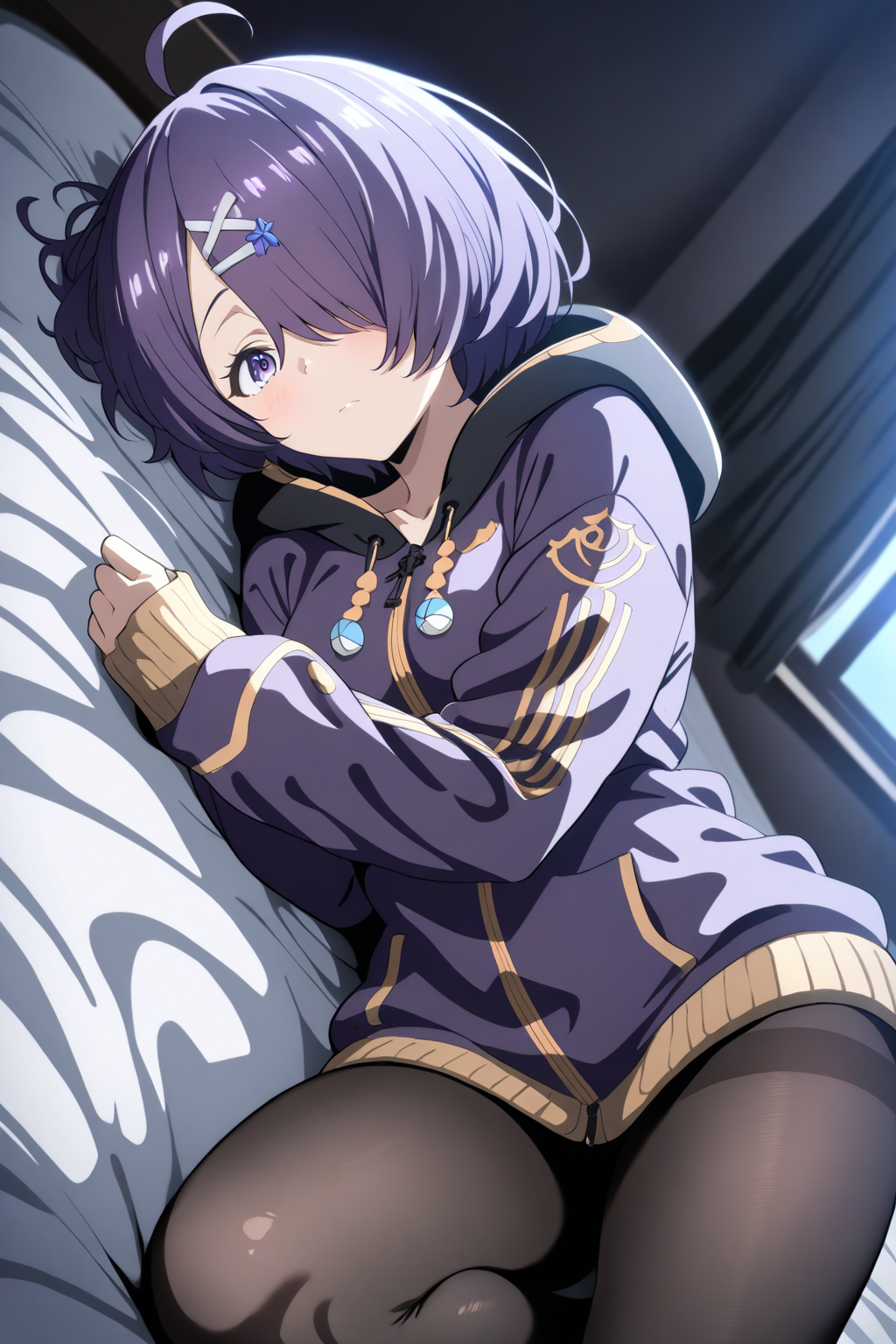 1girl, solo, dutch angle,
kiso azuki, kiso azuki 2nd costume,
short hair, purple hair, hair over one eye, ahoge,
hair ornament,
purple eyes,
lying,
hoodie, hood down,
long sleeves, sleeves past wrists,
black pantyhose,
bedroom, on bed,
<lora:kp_KisoAzukiAnimagineXL_v1:1.0>
masterpiece, high score, great score, absurdres,
ultra-detailed, anime style, moody lighting, high resolution,