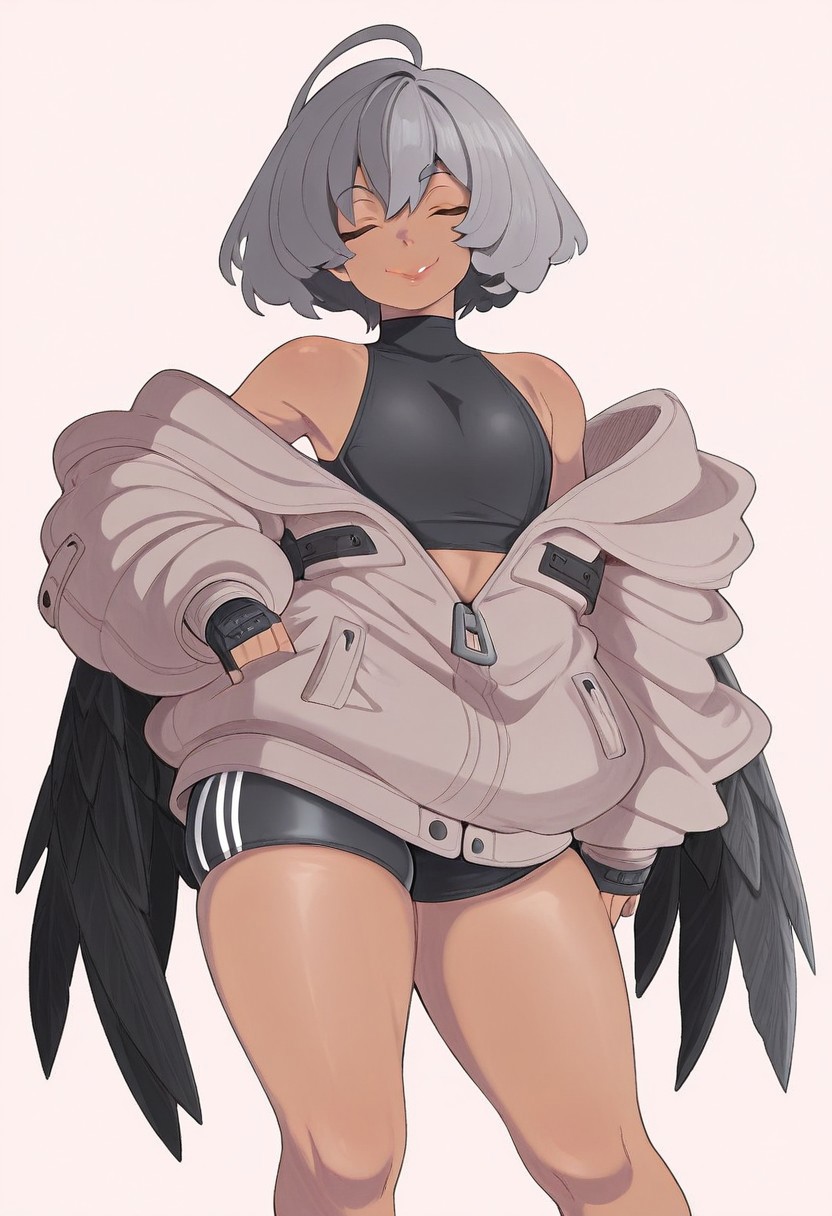 vammzu, soft colors, pastel colors, traditional media, masterpiece, hires, solo, 1girl, skindentation, closed eyes, lips, smile, grey hair, pose, ashy dark-skinned female, bare shoulders, baggy jacket, black feather wings, metallic wings, bike shorts, bare legs, mechabare