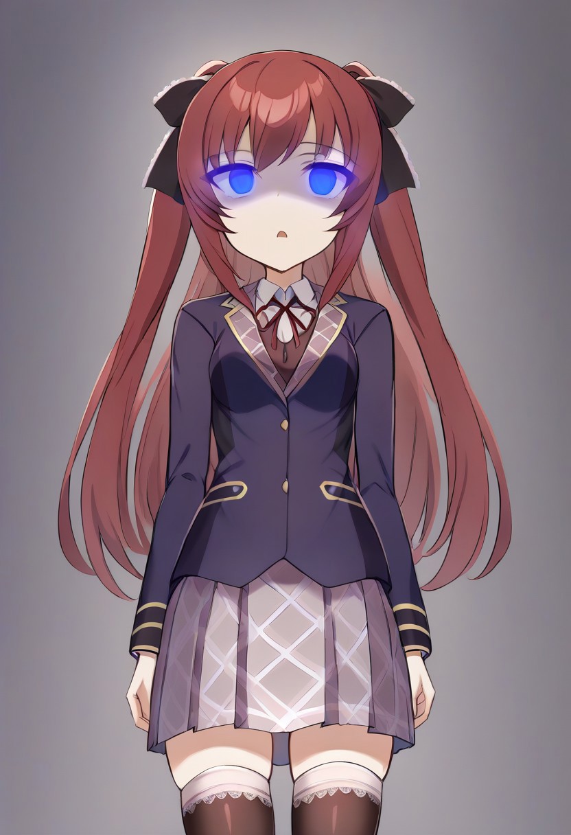 <lora:tenkujikarenpony:1>,
1girl, solo, tenkujikaren, long hair, red hair, hair ribbon, blue eyes, blazer, shirt, skirt, long sleeves, school uniform, thighhighs, hypno wave, glowing eyes, expressionless, shaded face, open mouth, black background, cowboy shot