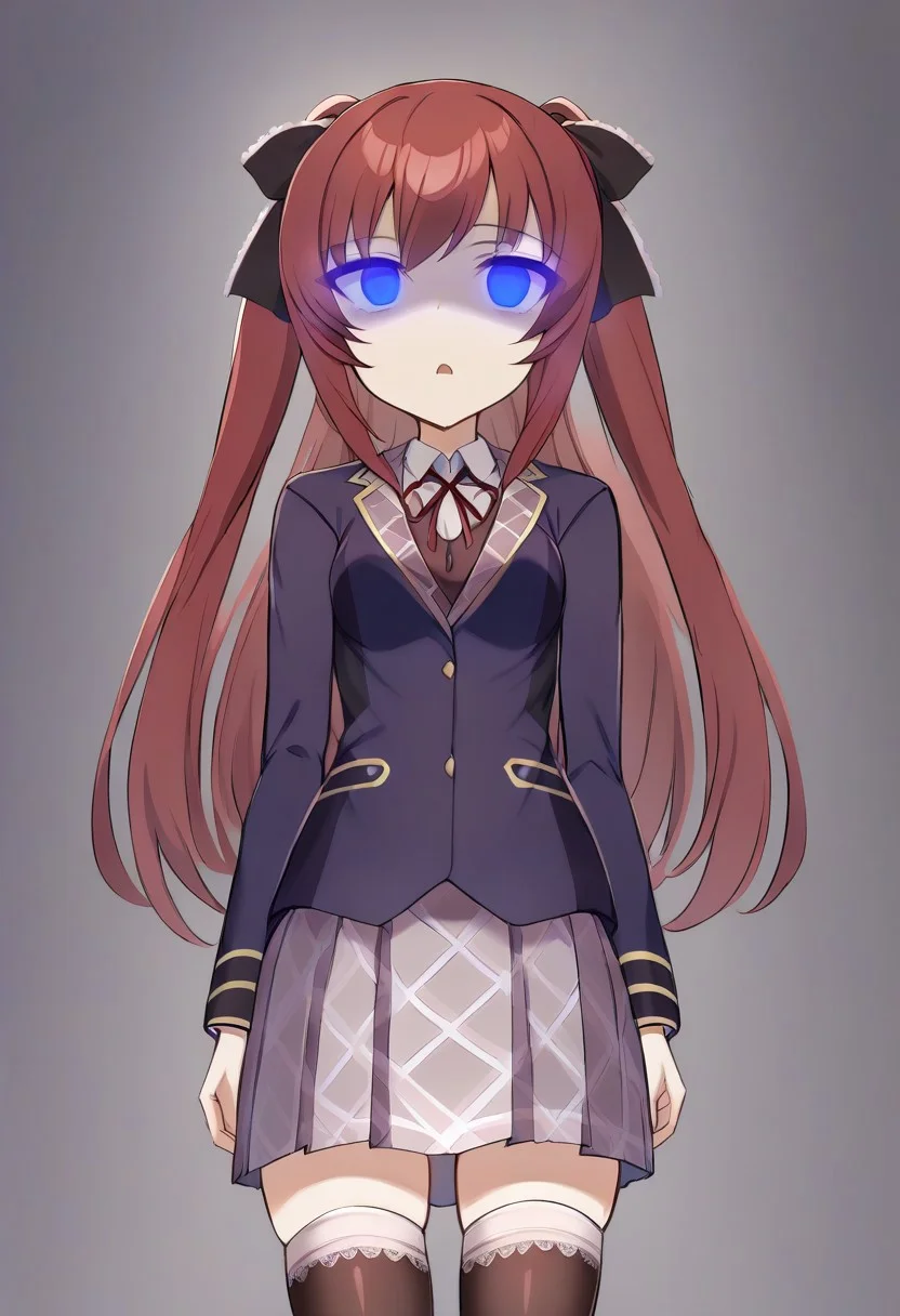 <lora:tenkujikarenpony:1>,
1girl, solo, tenkujikaren, long hair, red hair, hair ribbon, blue eyes, blazer, shirt, skirt, long sleeves, school uniform, thighhighs, hypno wave, glowing eyes, expressionless, shaded face, open mouth, black background, cowboy shot