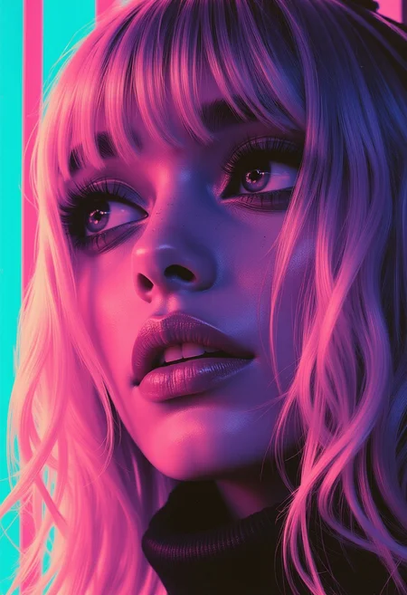 abstract photorealistic ink image in vivid, surreal colour gradient, closeup side portrait of oriental goth cyberpunk woman, straight-cut bob, bangs, headphones, bleached hair