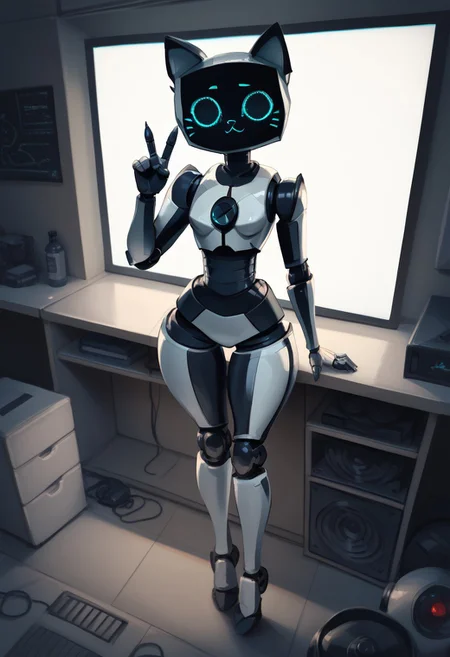 <lora:Kerfus:1>, white tight shorts, black crop top, Score_9, Score_8_up, Score_7_up, volumetric_lighting, chiaroscuro_lighting, shaders, 1girl, (screen-face, robot)digital art, realistic,, cat-girl, animal_ears, Peace_sign, dim_neon_light, Cartoon, P14n03l3g4nt3b0n3,interior, glistening skinpixelsketcherembedded:detailxl,cinematic,pmg style, masterpiece, perfect anatomy, perfect composition, perfect hand, cat tail, happy, big eyes, cat eyes
robotskin, cyborg, robot skin, robot joints
Kerfus / BellaBot, mad-cbrpnksplshrt, one girl, solo, alone, hairstyle, full view of body(((tiptoe)))kerfusblue