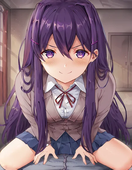 score_9, score_8_up, score_7_up, source_anime, <lora:ddlc-yuri-ingame-ponyxl-lora-nochekaiser:1>, yuri, yuri (doki doki literature club), hair ornament, hairclip, long hair, purple eyes, purple hair, hair intakes, hair between eyes, sidelocks, medium breasts,, skirt, shirt, ribbon, school uniform, jacket, white shirt, blue skirt, neck ribbon, wing collar,, city, buildings, streets, cars, people, , <lora:good-morning-my-brother-ponyxl-lora-nochekaiser:1> good morning my brother, good morning my brother! (meme), good morning, pajamas, hands on another's stomach, meme, straddling, leaning forward, pov, girl on top, blush, smile, smug, cowboy shot,, looking at viewer, solo,, dutch angle, cowboy shot