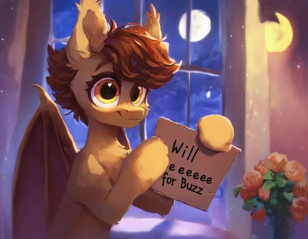 score_9, score_8_up, score_7_up, score_6_up, score_5_up, score_4_up,
source_pony, source_safe,
furry, colorful, a picture of a cute brown bat pony with big eyes in a window holding a sign saying "Will eeeee for Buzz.", ear fluff, brown fur, yellow eyes, fur tufts, night, stars, moon, volumetric lighting