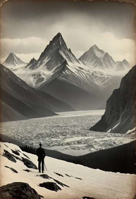antique photo of mountain range in the distance, ice covered jagged mountain peaks, eerie atmosphere, lonely weanderer looking into the distance, at the mountains of madness, , lovecraft horror