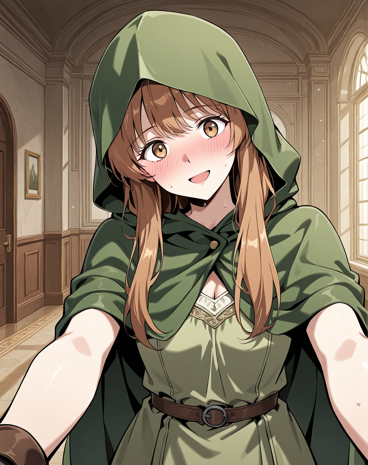 <lora:Demera illumi:1>
1 girl, solo, long hair, brown hair, bangs, brown eyes
green dress, bracelete, hood, hood up, cloak, hooded cloak, fingerless gloves
score_9, score_8_up, score_7_up, score_6_up, source_anime, rating_explicit, 1girl, solo, smile, embarrassed, alcalose eyes, open mouth, mansion, indoors, looking at viewer, outstretched arms, pov, close-up, (head tilt:1.2)