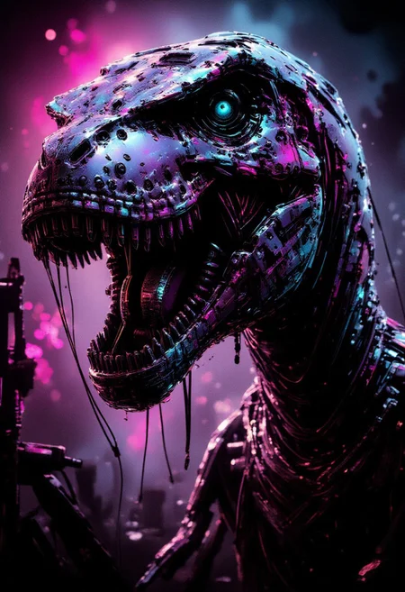 inksketch, silhouette art, ck-rw, in the style of ck-rw,, a_skynet_cyberdyne_systems_craft, the image is featuring a robotic cyberpunk dinosaur, titanium and chrome, robot wires and circuitry, robot joints, glowing lights, silhouetted, chiascuro, glowing eyes, dark abstract cyberpunk background
